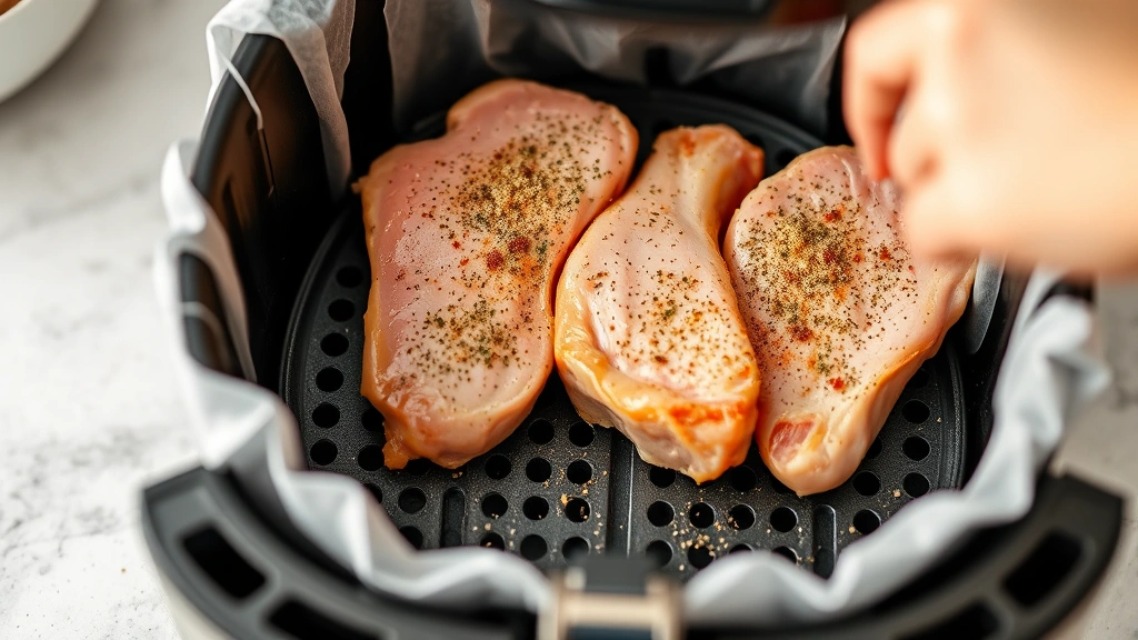 process: pork chops being arranged in air fryer basket with seasoning blend visible, photorealistic, natural kitchen lighting, no text