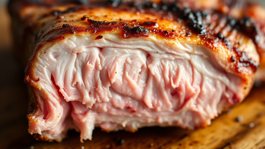 detail: close-up of cooked pork chop cross-section showing juicy pink interior and caramelized exterior crust, photorealistic, natural lighting, no text