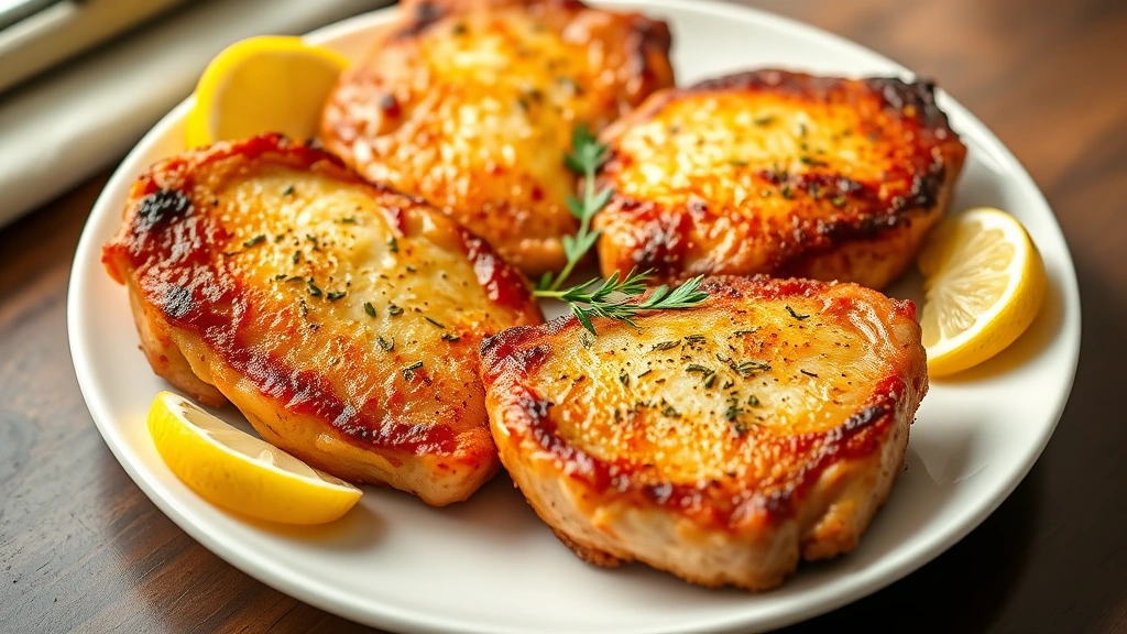 hero: four golden-brown air fryer pork chops on a white plate with fresh herbs and lemon wedges, photorealistic, natural window light, no text, professional food photography