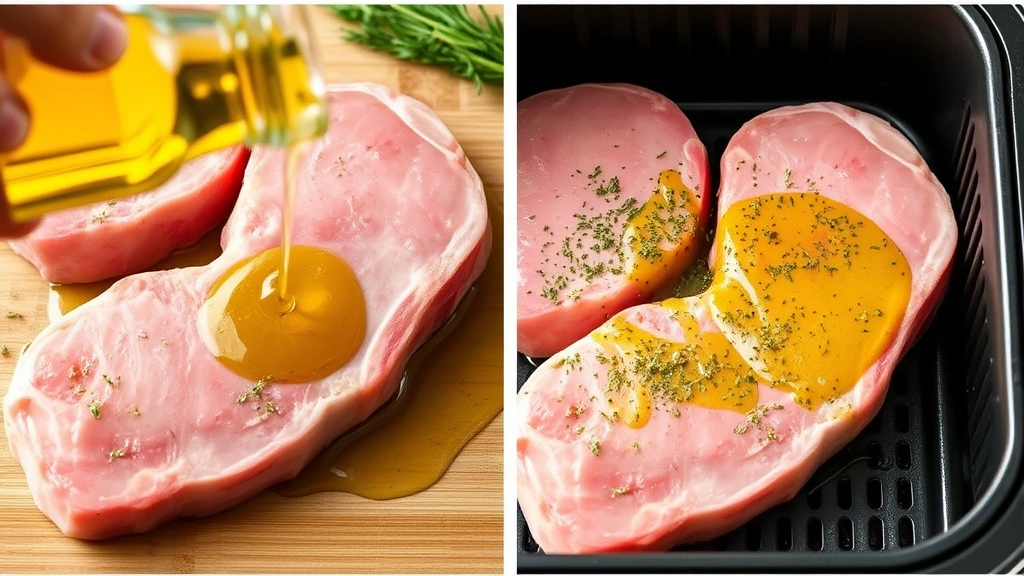 process: raw pork chops being brushed with olive oil and seasoned with herbs in preparation for air frying, photorealistic, natural light, no text