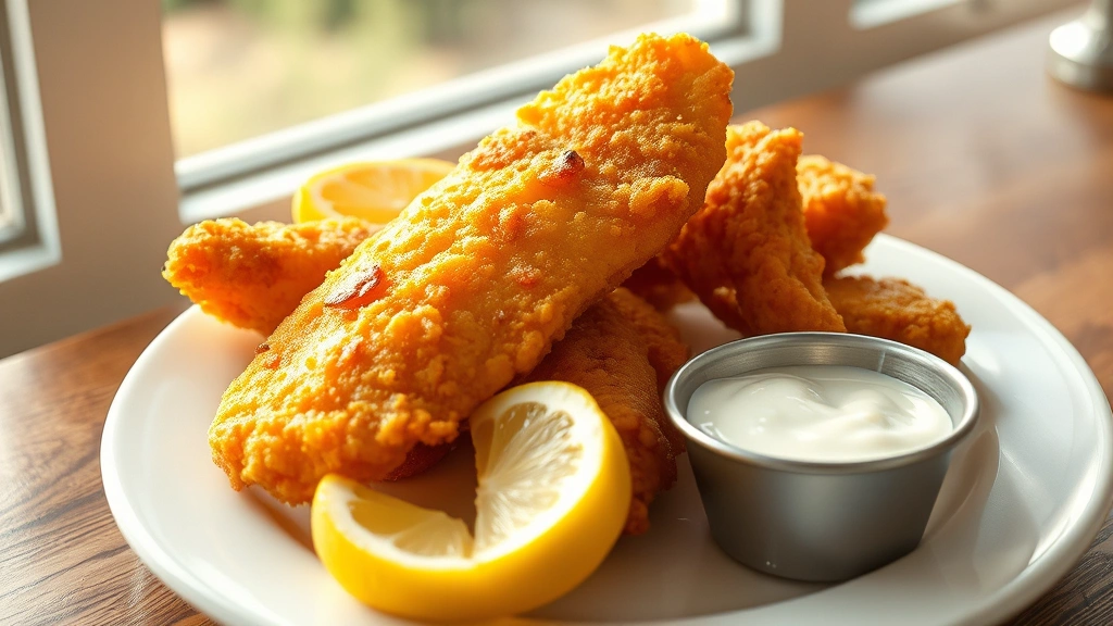 hero: golden crispy air fryer fried fish fillets on white plate with lemon wedges and tartar sauce, photorealistic, natural bright daylight through window, steam rising, no text