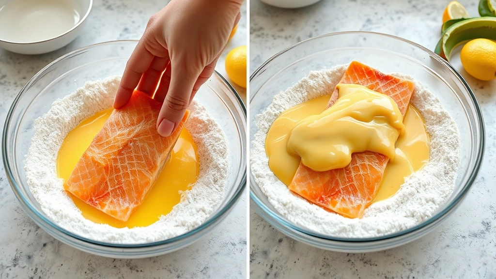process: hand dipping fish fillet into flour mixture with egg wash, photorealistic, kitchen counter, natural light, no text