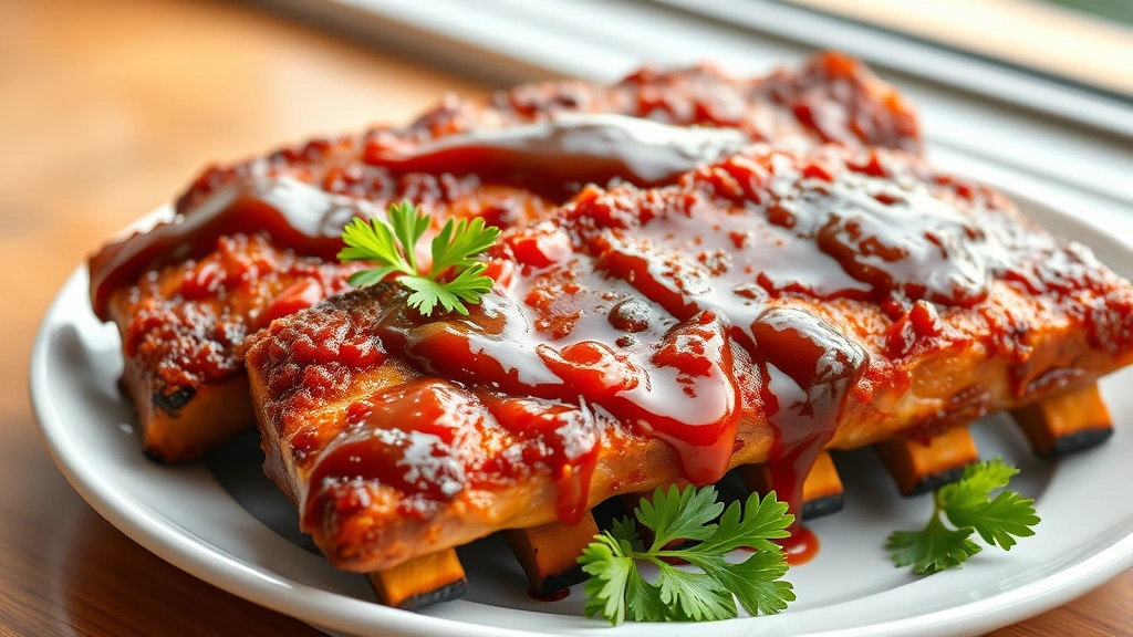 hero: golden brown air fryer ribs with crispy charred edges, glazed with barbecue sauce, resting on a white plate with fresh parsley garnish, photorealistic, natural window light, no text