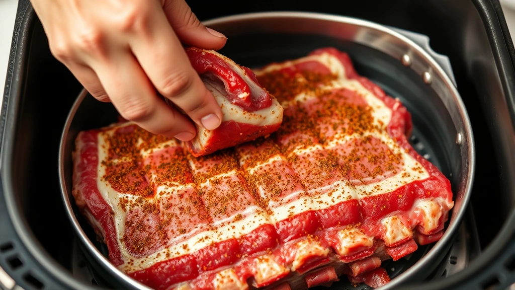 process: hands placing seasoned raw ribs into stainless steel air fryer basket, showing dry rub coating, photorealistic, bright kitchen lighting, no text
