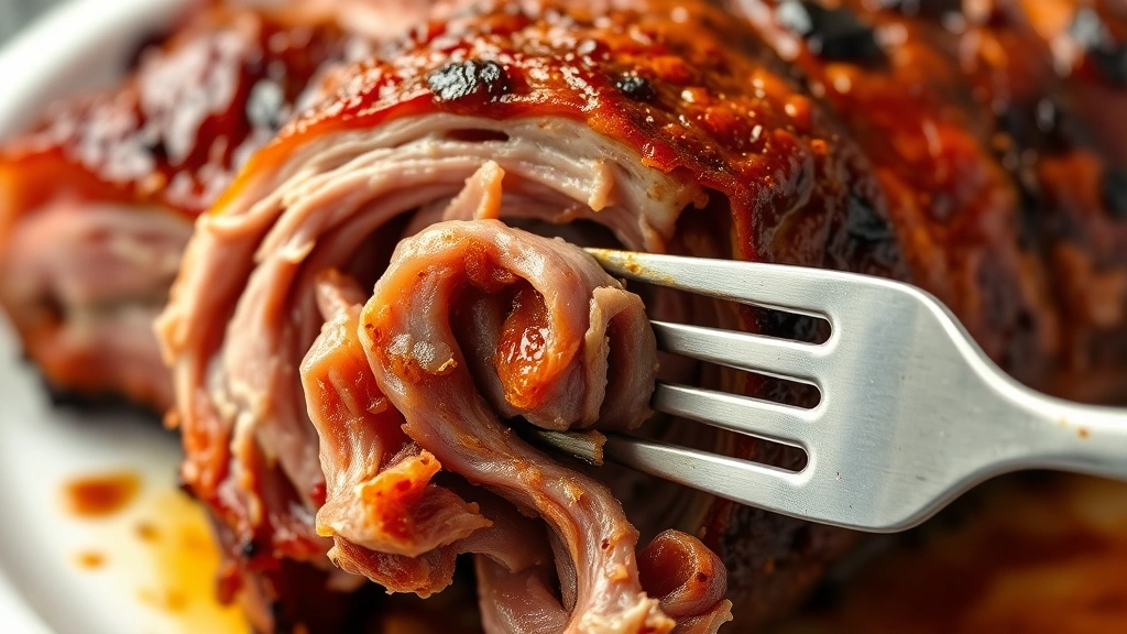detail: close-up of cooked rib meat pulling away from bone with fork, showing juicy tender interior and caramelized exterior crust, photorealistic, natural light, no text