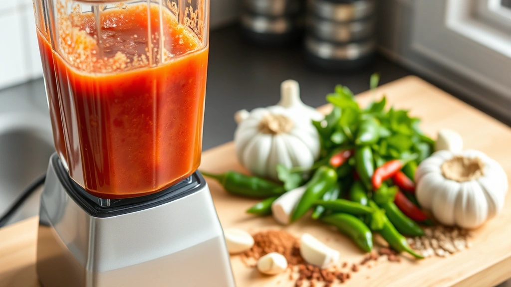 process: blender filled with smooth red marinade, action shot of blending, fresh ingredients arranged nearby including garlic, chiles, and spices, bright natural kitchen light, no text