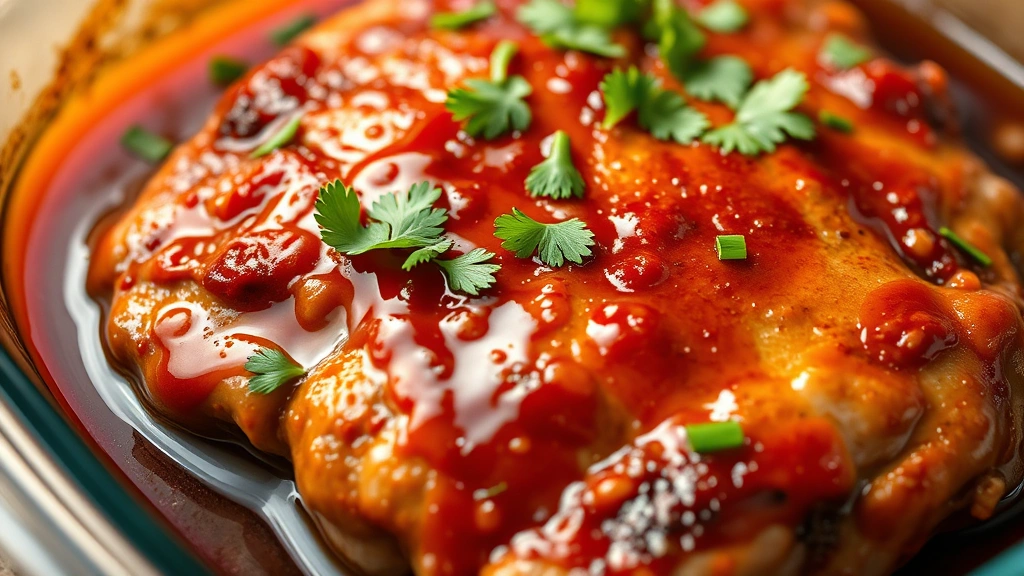 detail: close-up of marinade-coated pork shoulder with glossy coating, marinating in glass dish, shallow depth of field, garnished with cilantro, warm natural light, no text