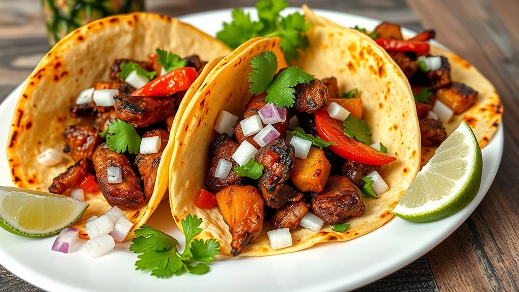 hero: al pastor tacos on a white plate with charred pineapple, fresh cilantro, diced onion, and lime wedges, photorealistic, natural daylight, food photography style, no text