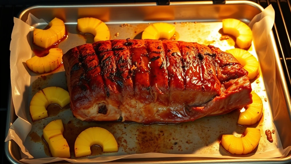 process: marinated pork on a baking sheet with pineapple wedges, being removed from the oven, golden and caramelized, photorealistic, warm lighting, no text