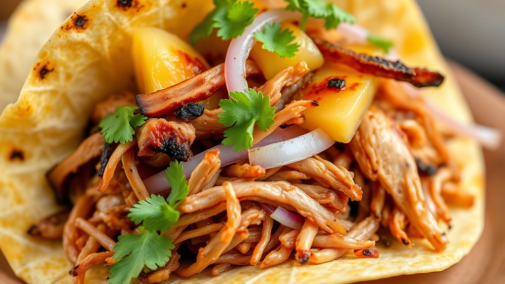 detail: close-up cross-section of a single al pastor taco showing layers of tender shredded pork, charred pineapple, onion, and cilantro, photorealistic, macro photography, no text