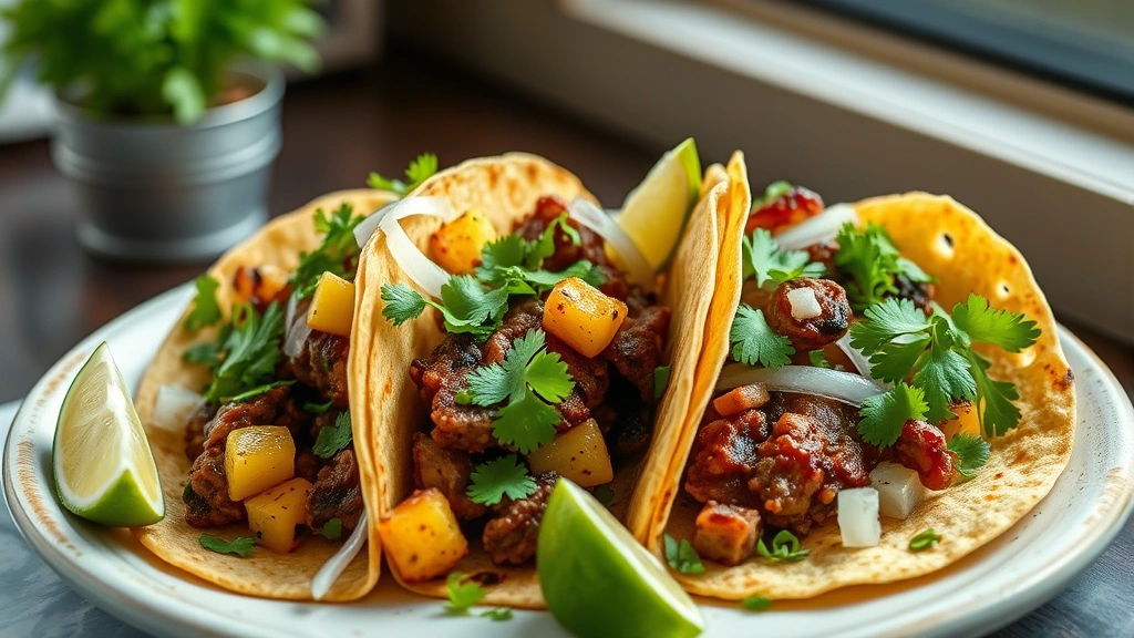 hero: perfectly plated al pastor tacos with charred pineapple, fresh cilantro, and white onion on warm corn tortillas with lime wedges, photorealistic, natural window light, no text