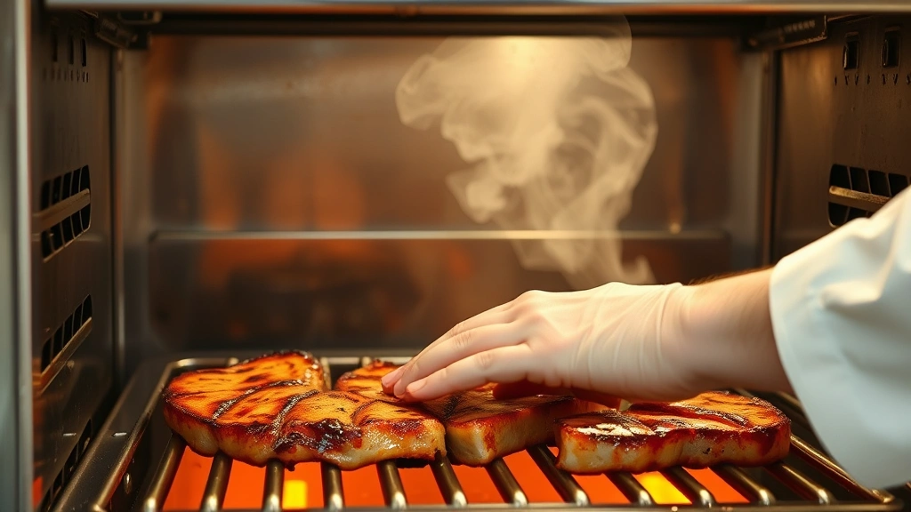 process: chef flipping marinated pork slices under the broiler with charred, caramelized edges, photorealistic, bright kitchen lighting, no text