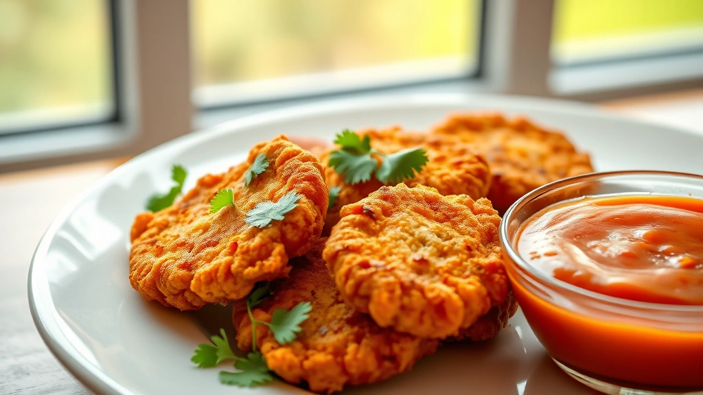 hero: golden-brown crispy alcapurrias arranged on white plate with cilantro garnish and tomato sauce bowl, photorealistic, natural window light, no text