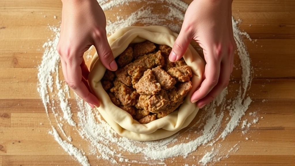 process: hands shaping plantain dough around meat filling, overhead view, photorealistic, natural kitchen light, flour-dusted surface, no text