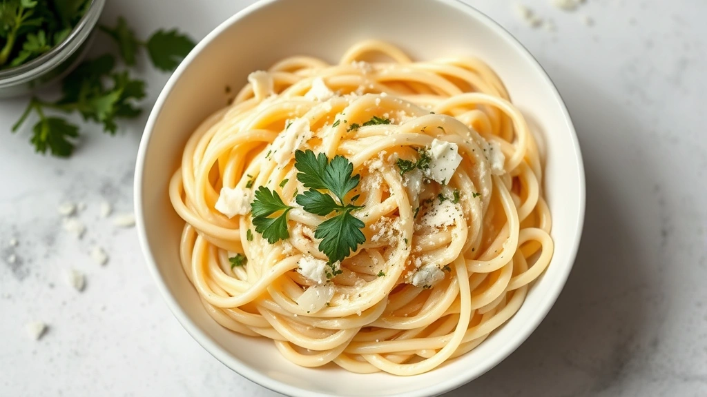 hero: creamy fettuccine Alfredo pasta in a white bowl, garnished with fresh parsley and Parmesan cheese, photorealistic, natural window light, no text, overhead angle