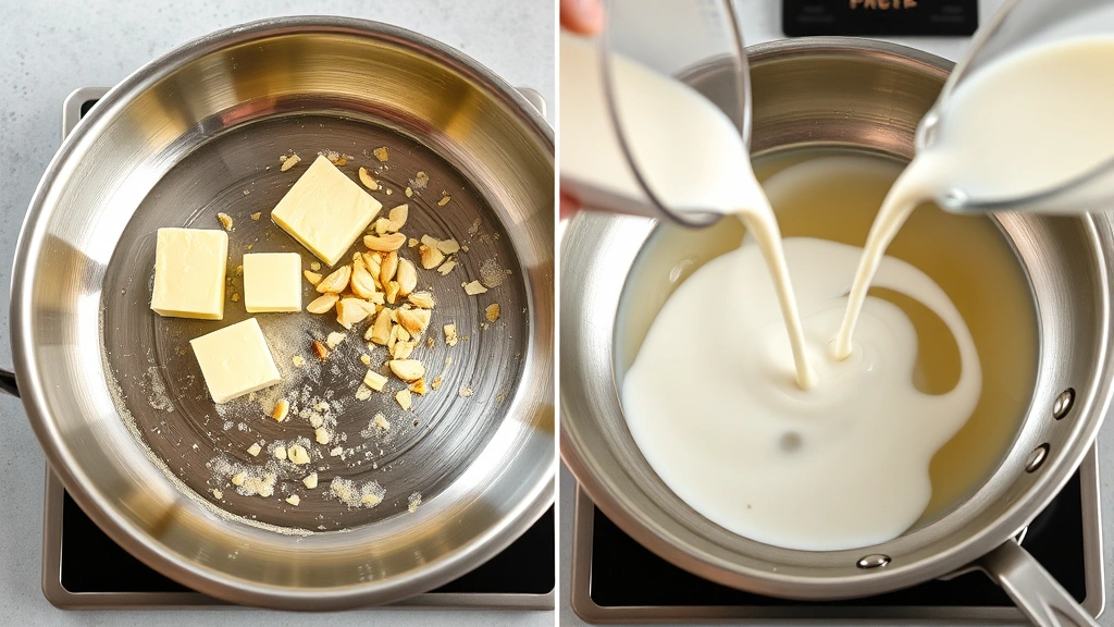 process: butter and garlic sizzling in a stainless steel skillet, milk being poured in, photorealistic, natural light, no text