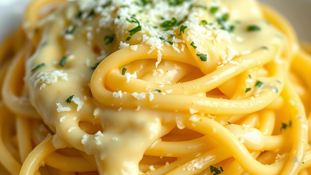 detail: close-up of silky Alfredo sauce coating pasta strands, grated Parmesan visible, fresh herbs on top, photorealistic, macro photography, natural light, no text