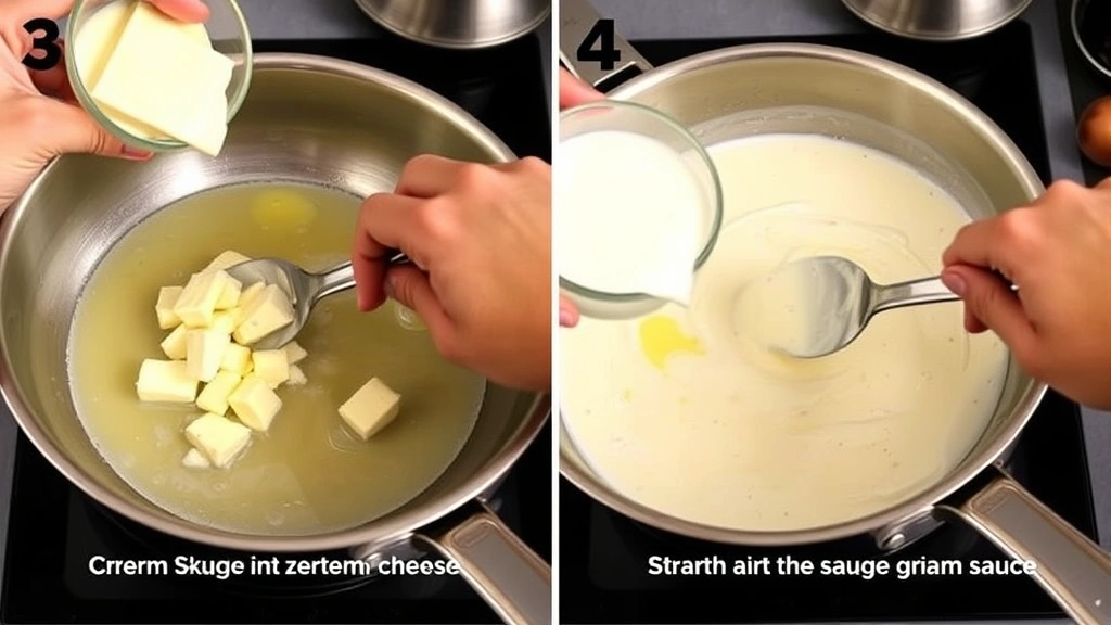 process: hand stirring cream cheese into melted butter in stainless steel skillet, cream sauce being made from scratch, photorealistic, natural kitchen lighting, no text, step-by-step cooking