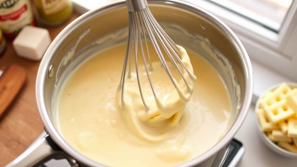 process: whisk stirring creamy Alfredo sauce in stainless steel saucepan, golden butter and milk mixture, close action shot, natural window lighting, ingredients visible in background, no text or watermarks