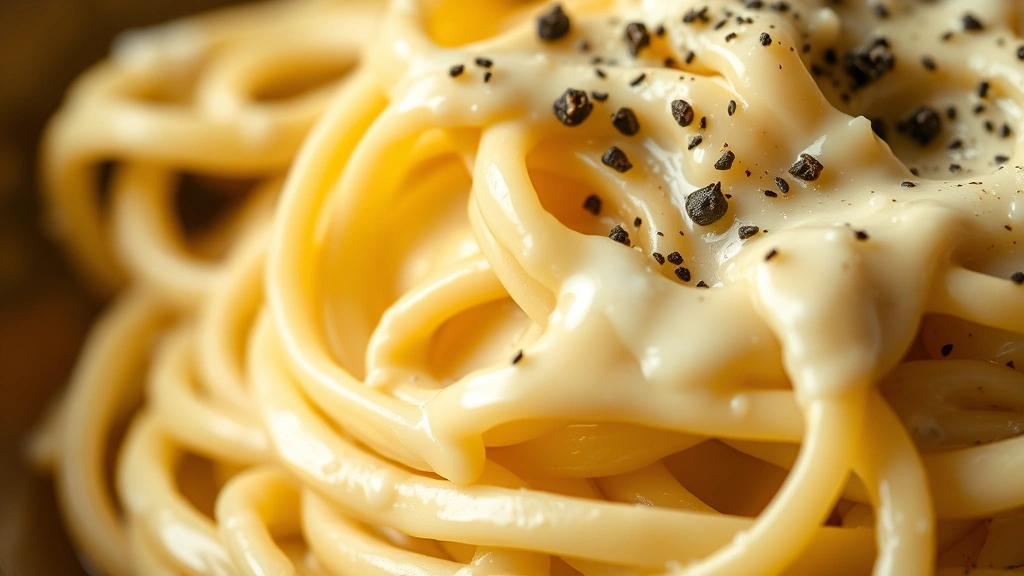 detail: extreme close-up of fresh fettuccine pasta coated in silky Alfredo sauce with melted Parmigiano-Reggiano and black pepper garnish, creamy texture visible, shallow depth of field, warm natural light, no text or watermarks