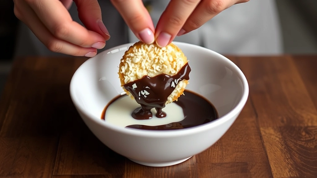 process: Hands dipping a coconut cookie into melted dark chocolate over a white bowl, mid-dip moment showing chocolate dripping, warm natural kitchen lighting, close-up angle, no text or watermarks