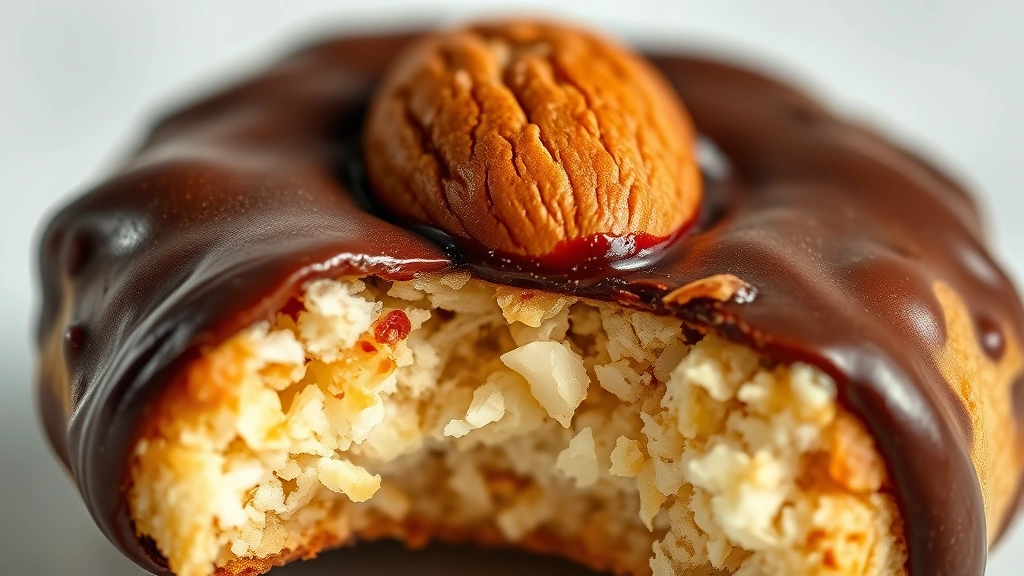 detail: Close-up of a single almond joy cookie showing the texture of the coconut, shiny dark chocolate coating, and whole roasted almond on top, soft natural backlight, macro photography, no text or watermarks