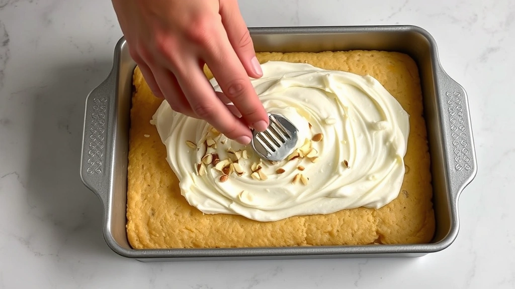 process: hands spreading white coconut-almond filling over golden baked cookie base in rectangular pan, photorealistic, natural light, no text