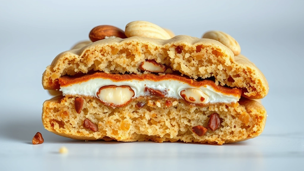 detail: close-up cross-section of single Almond Joy cookie showing all three layers and toasted almonds, photorealistic, natural light, no text