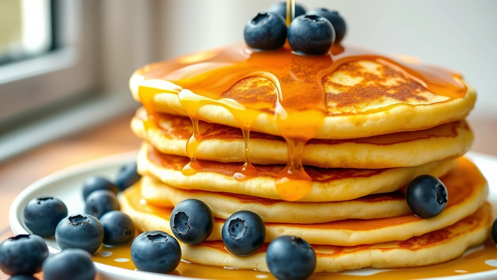 hero: stack of golden fluffy pancakes topped with fresh blueberries and maple syrup drizzle, photorealistic, natural window light from left, no text or watermarks