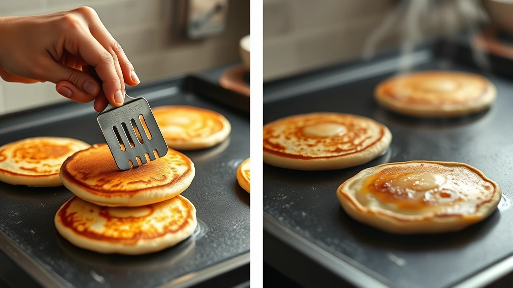 process: hand flipping pancakes on griddle with spatula, golden brown pancakes, steam rising, photorealistic, natural kitchen light, no text