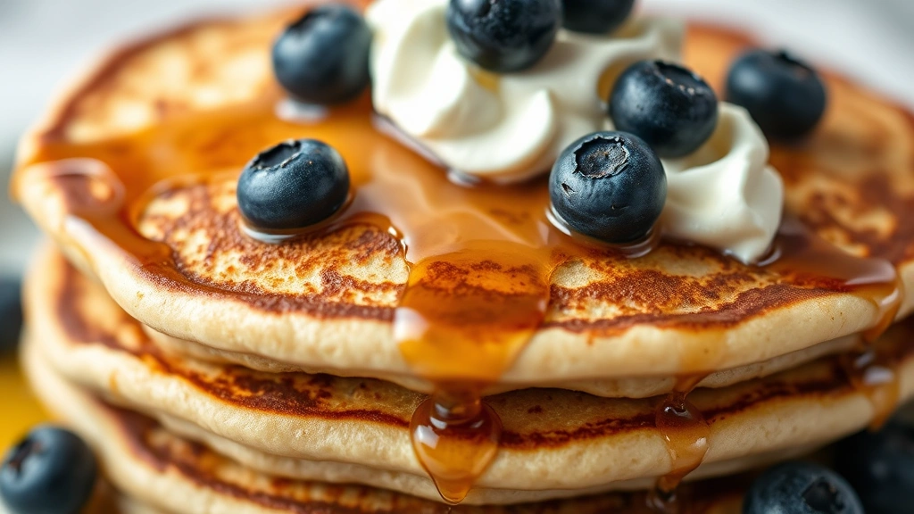 detail: close-up of stack of three pancakes with blueberries, whipped cream dollop, and syrup dripping down sides, macro photography style, photorealistic, soft natural light