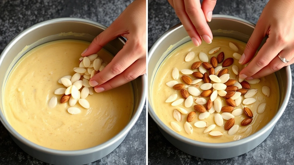 process: hands arranging sliced almonds on top of cake batter in a round pan before baking, photorealistic, natural light, no text