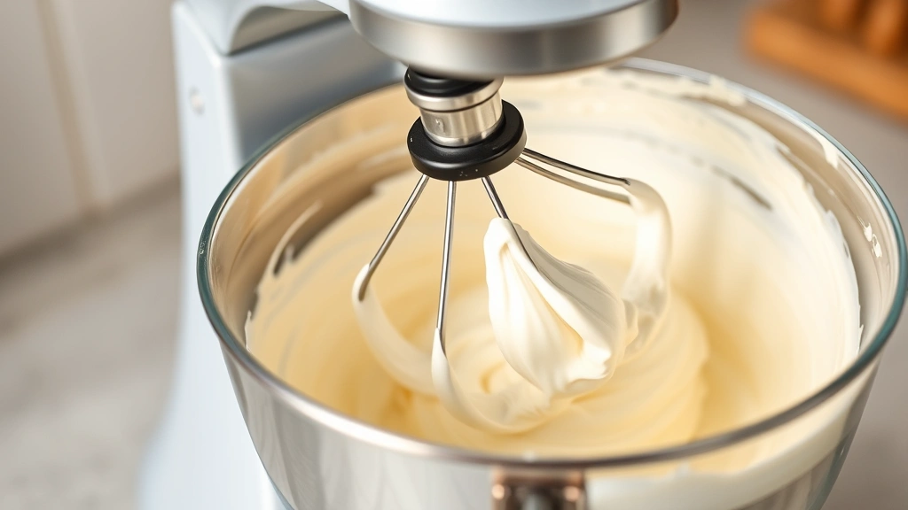 process: stand mixer beating fluffy buttercream frosting, close-up showing creamy pale texture and mixer paddle, natural kitchen lighting, in-progress baking scene, no text