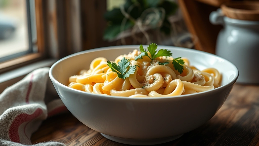 hero: creamy Amish Amoxicillin pasta in a white bowl with fresh parsley garnish, steaming hot, photorealistic, natural window light, cozy farmhouse setting, no text