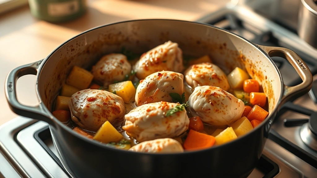 process: cooking chicken and vegetables in butter in a large Dutch oven on stovetop, photorealistic, warm natural light, no text