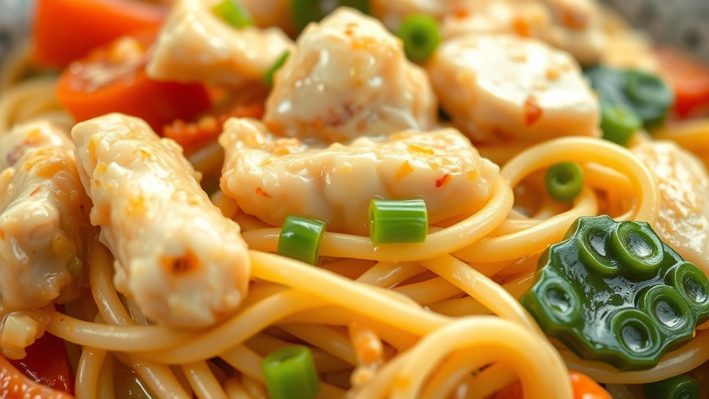 detail: close-up of creamy egg noodles with chicken and mixed vegetables, rich sauce coating noodles, photorealistic, macro photography, natural light, no text