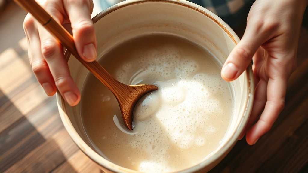 process: hands stirring thick starter in ceramic bowl with wooden spoon, day 7 stage with active bubbles visible, natural daylight streaming in, warm tones