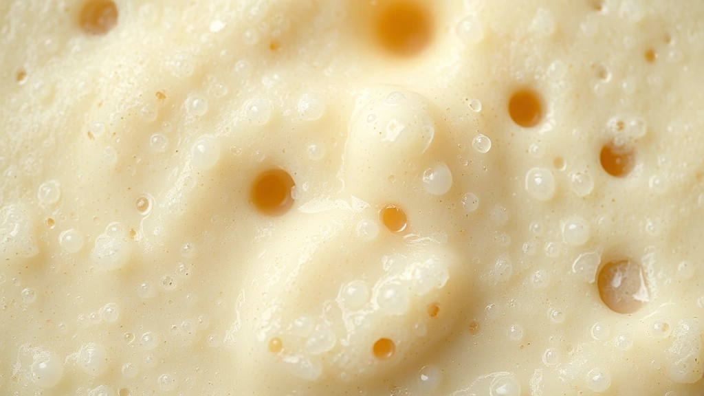 detail: close-up of starter texture showing bubbles and creamy consistency, macro photography, natural lighting, focusing on fermentation activity