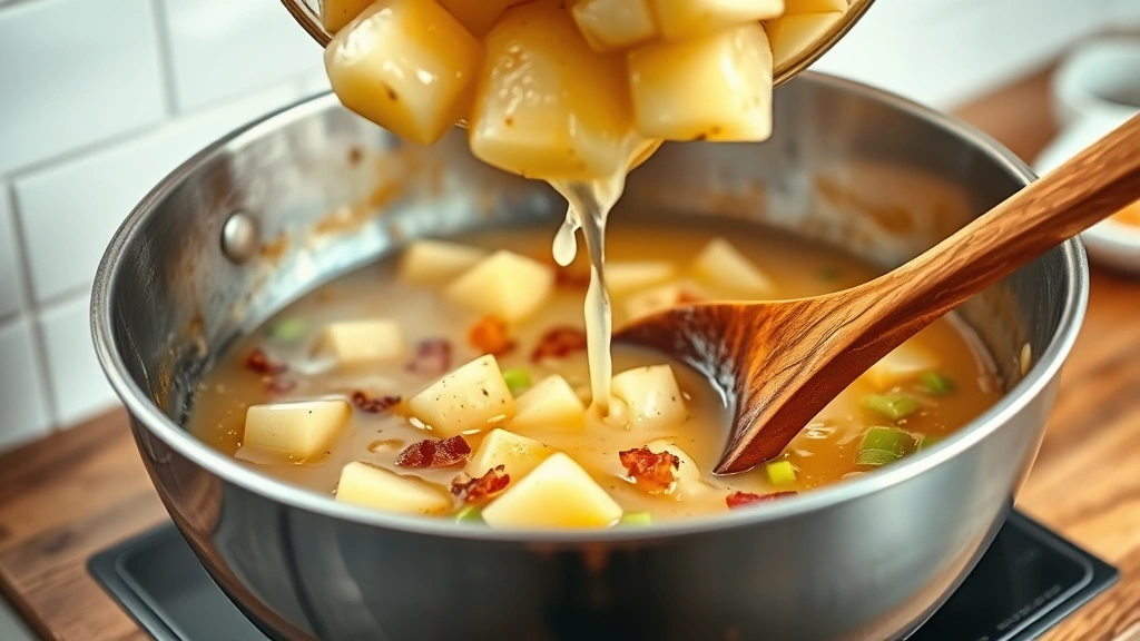 process: potatoes being poured into large bowl of warm vinegar dressing with visible steam, bacon and celery visible, wooden spoon stirring, photorealistic, natural kitchen light, no text
