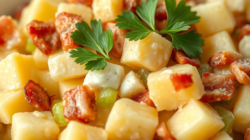 detail: close-up of creamy potato salad showing chunks of potato, bacon pieces, hard-boiled egg, celery and onion pieces, fresh parsley garnish, photorealistic, natural soft light, no text