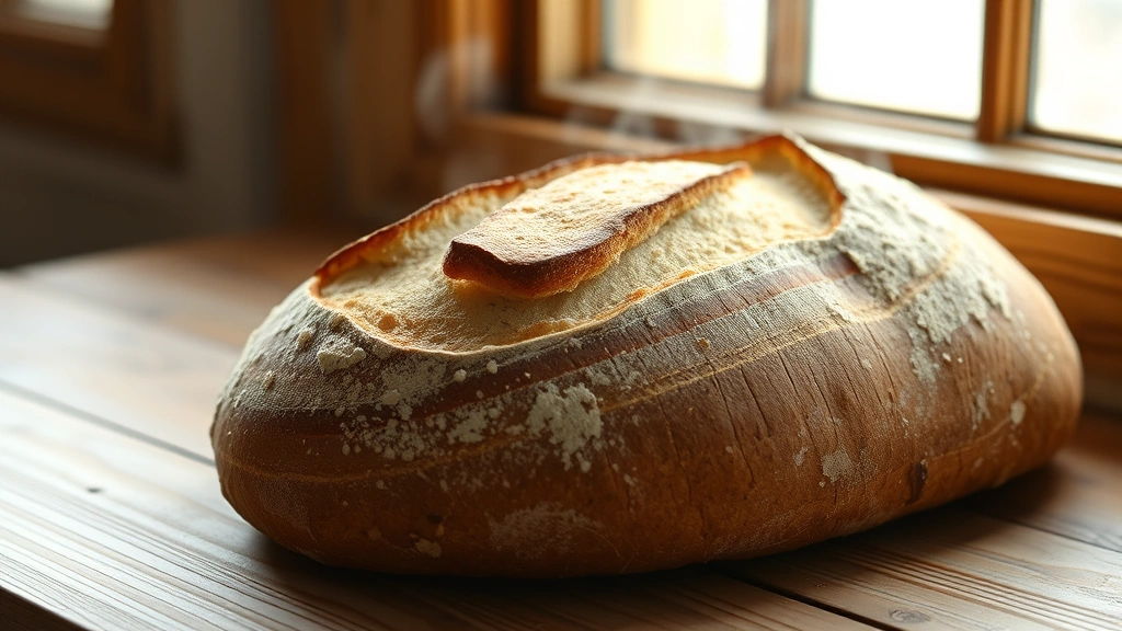 hero: Two rustic Amish sourdough loaves with deep golden-brown crusts on a wooden surface, steam still visible, photorealistic, natural window light, no text, artisanal bakery style