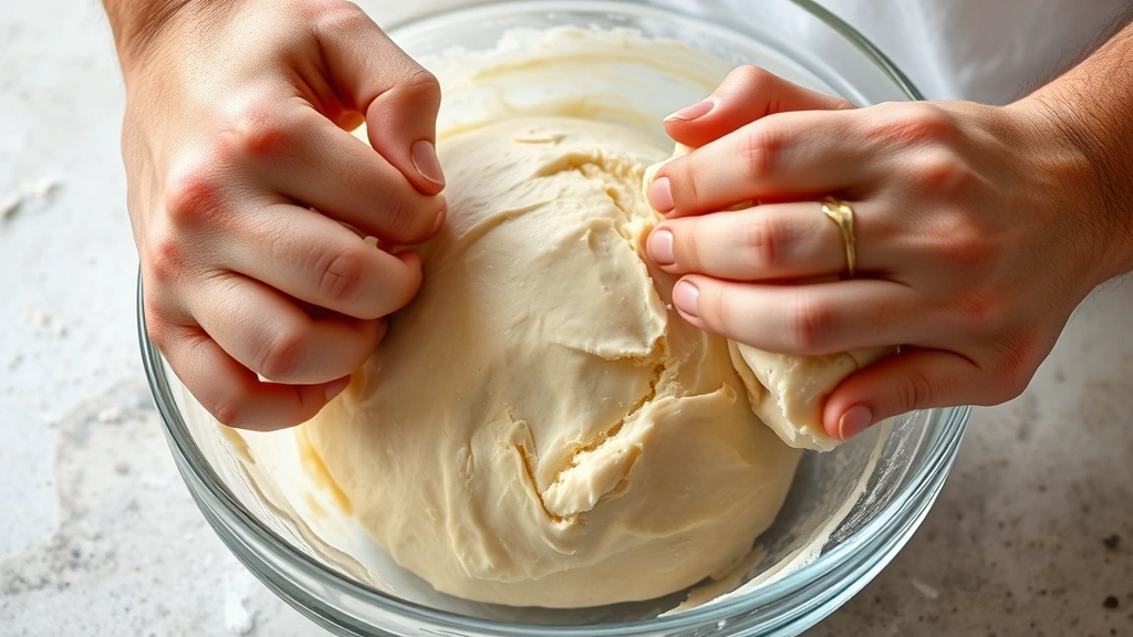 process: Hands performing stretch and fold technique on sticky sourdough dough in a clear glass bowl, photorealistic, natural kitchen light, no text
