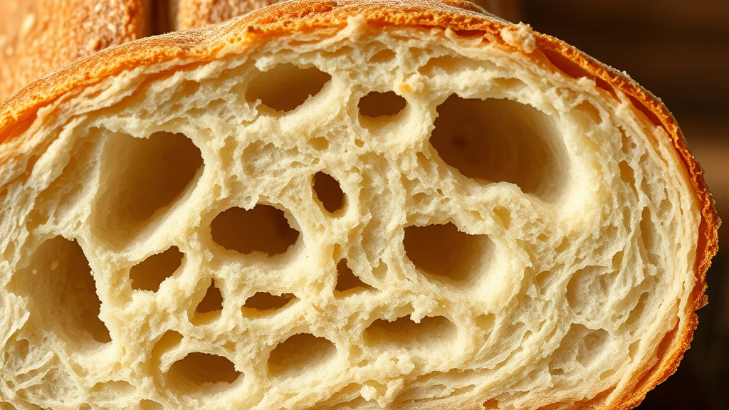 detail: Close-up cross-section of sliced Amish bread showing open crumb structure with irregular holes and soft interior, photorealistic, natural light, no text