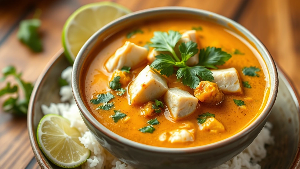 hero: steaming bowl of creamy Cambodian amok curry with white fish chunks, fresh basil and cilantro garnish, served over jasmine rice with lime wedges, photorealistic, warm natural lighting, no text