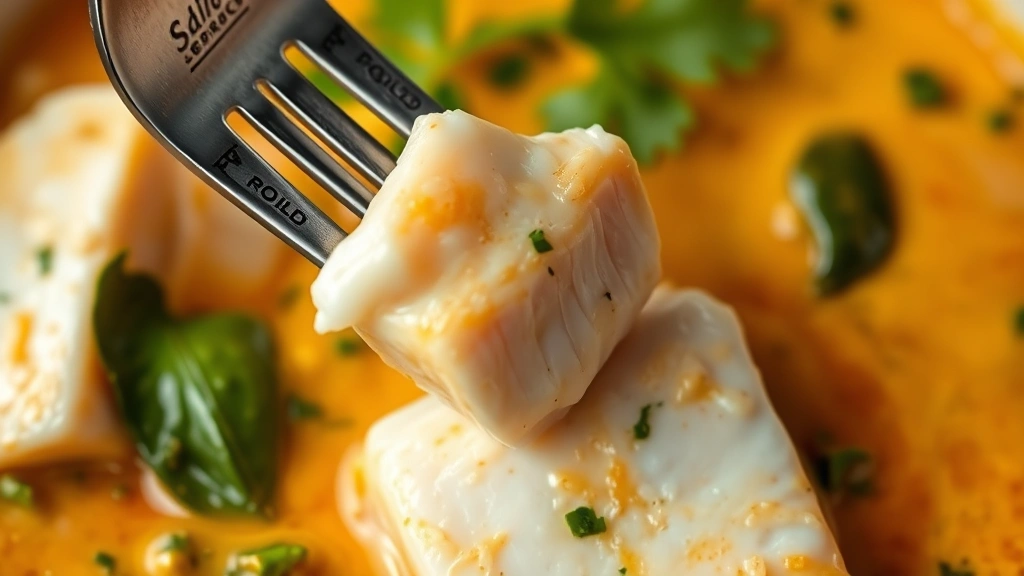 detail: close-up of fork flaking tender white fish in silky creamy curry sauce with visible kaffir lime leaves and fresh herbs, photorealistic, shallow depth of field, natural light, no text