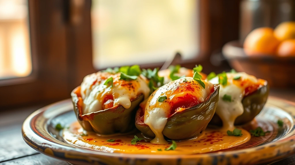 hero: plated chile rellenos with creamy sauce and melted cheese, garnished with cilantro, warm natural window light, rustic Mexican ceramic plate, shallow depth of field