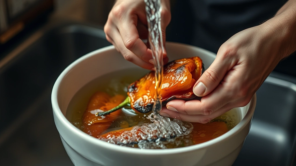process: hands peeling charred skin off roasted anaheim pepper under cool running water, steam rising, authentic kitchen setting, natural daylight, close documentary style