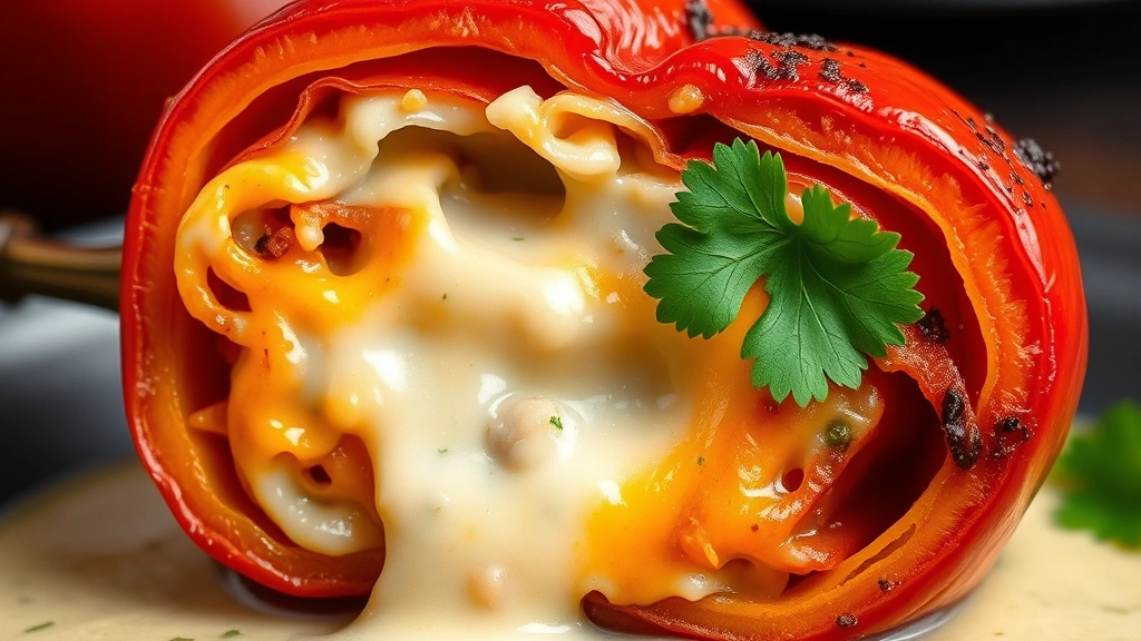 detail: cross-section of stuffed roasted anaheim pepper showing melted cheese interior and creamy sauce, garnished with fresh cilantro leaf, macro photography, natural lighting
