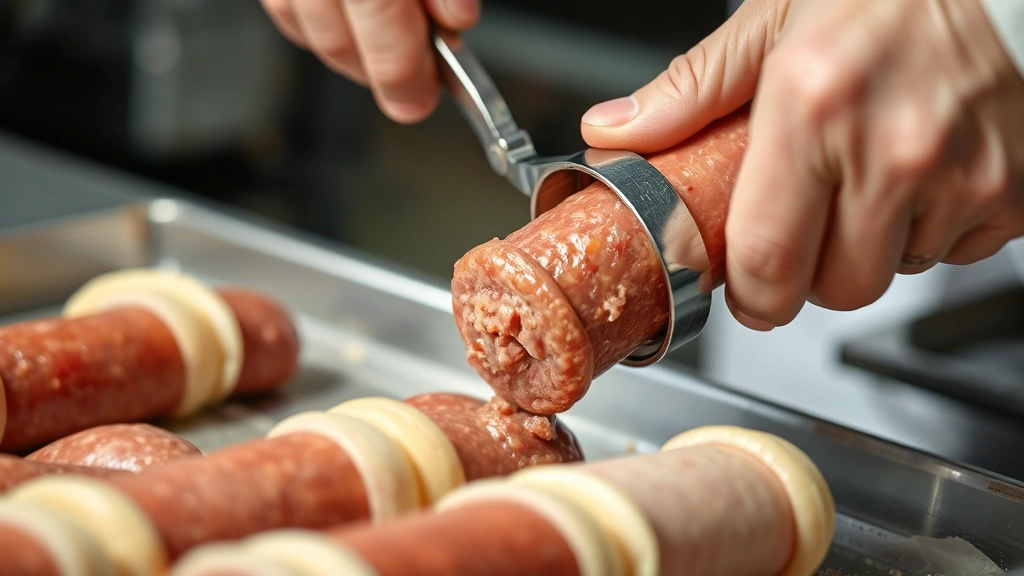 process: sausage being stuffed into casings with metal stuffer, close action shot, photorealistic, bright natural light, no text, hands visible