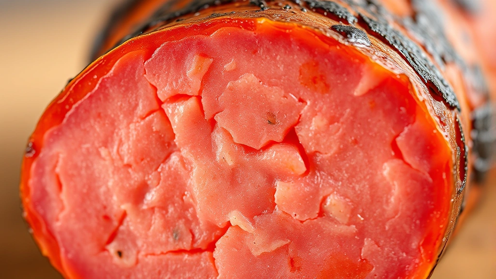detail: cross-section of smoked andouille sausage showing pink curing color inside, photorealistic macro photography, natural light, no text, texture visible